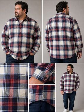 Lucky Brand Mens XXL Classic Fit Plaid Flannel Shirt Navy Red White Long Sleeve